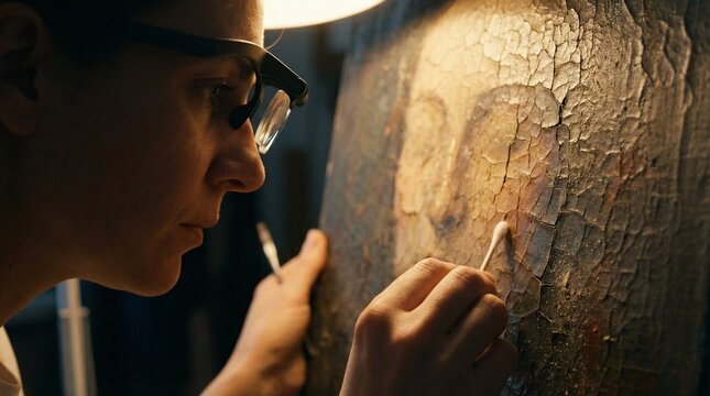 A meticulous conservator wearing safety glasses carefully restores a fragile mural, using a fine tool to clean and reveal painted details under warm, focused gallery lighting.