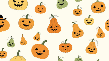 Fototapeta premium Fun seamless pattern featuring various jack-o-lantern pumpkins with different expressions on a light beige background for halloween decor.