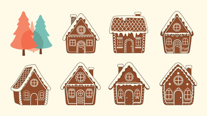 Set of detailed gingerbread houses and colorful pine trees, perfect for creating a festive winter village or holiday-themed decorations.