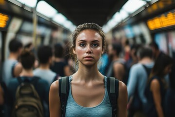 Fototapeta premium Young woman stands alone in crowded subway train during rush hour in urban setting