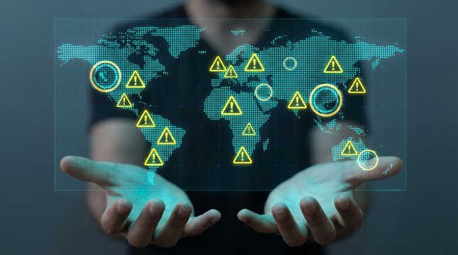 A person s hands display a glowing blue digital world map with illuminated yellow warning symbols and circles indicating areas of concern globally digital map alert signs danger signs