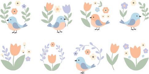Minimalist Vector Collection of Small Blue and Orange Songbirds with Pastel Tulips, Spring Flowers, and Laurel Wreaths for Gentle Greeting Cards, Nursery Wall Art, and Wedding Stationery