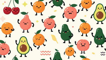 Obraz premium Joyful scene of animated fruit characters dancing and playing together, including oranges, peaches, pears, and avocados on a warm background.