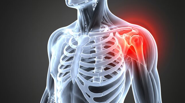 Anatomical 3D rendering of the human shoulder joint and clavicle area highlighted with red for pain or inflammation showing muscle and skeletal structure shoulder pain human anatomy