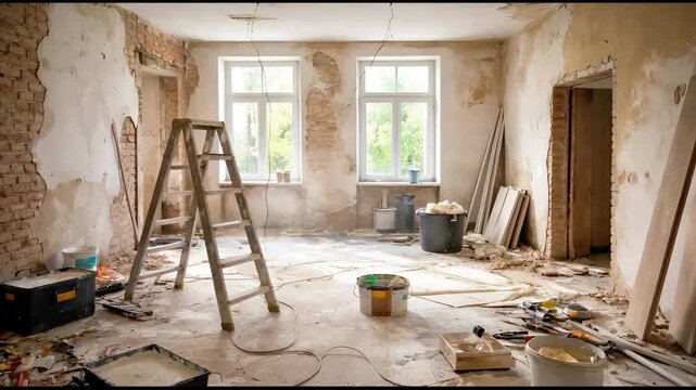 Home renovation interior with exposed brick walls and construction tools, remodeling, repair and real estate improvement concept generative AI