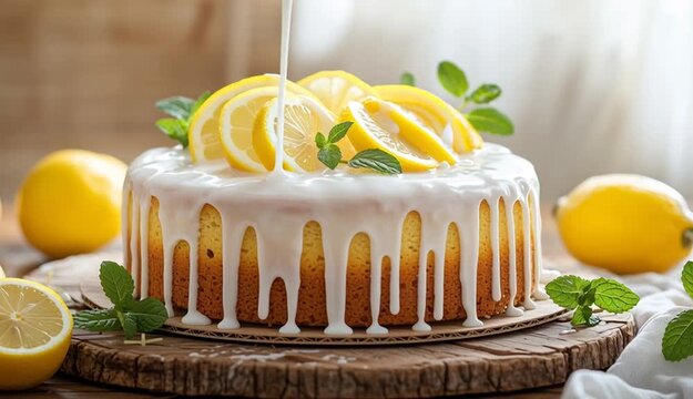 Lemon pound cake with white glaze on rustic wood slice, topped with thin lemon slices and fresh mint leaves, dripping white icing cascading down sides, whole lemons and lemon wedges arranged around 