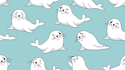 Fototapeta premium Adorable seamless pattern of cute white seals with playful expressions and winking eyes on a serene light blue background.