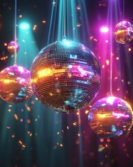 Vibrant disco balls shining brightly in colorful nightclub atmosphere