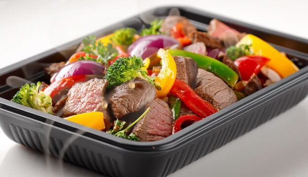 Close-up of plastic tray with beef and vegetables on white background.