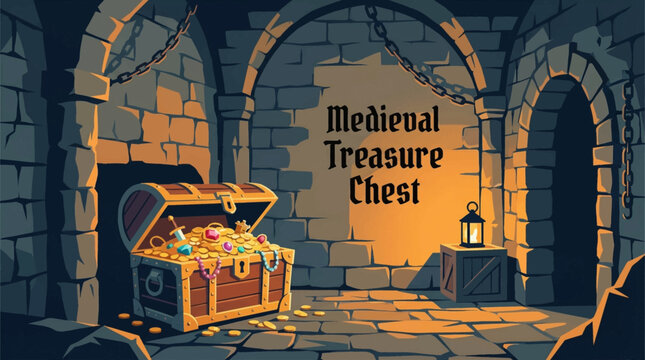 medieval treasure chest inside a stone castle dungeon, designed for fantasy games and historical storytelling vector illustration