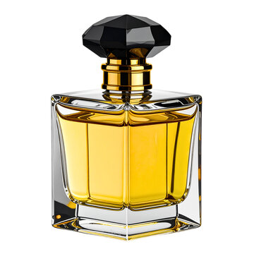 Transparent bottle of yellow perfume with black lid isolated on a white.