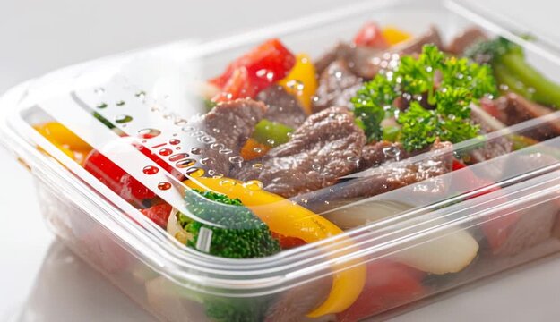Close-up of plastic tray with beef and vegetables on white background.