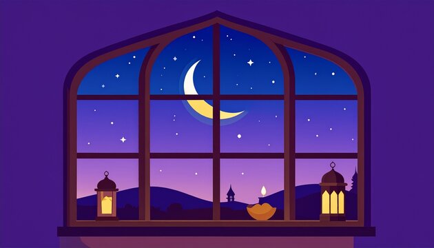 Serene night scene with moonlit sky and cozy window view