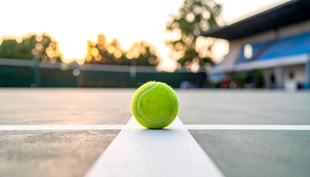 Close-up of a single tennis ball on a court during golden hour.