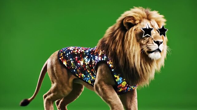 A stylish lion wearing star-shaped sunglasses and a colorful sequin vest on vibrant green screen background.