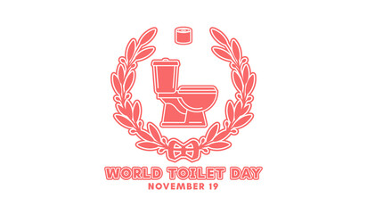 Vector emblem. World Toilet Day. Graphic lavatory, paper closet roll and wreath. Symbol of restroom. Isolated background