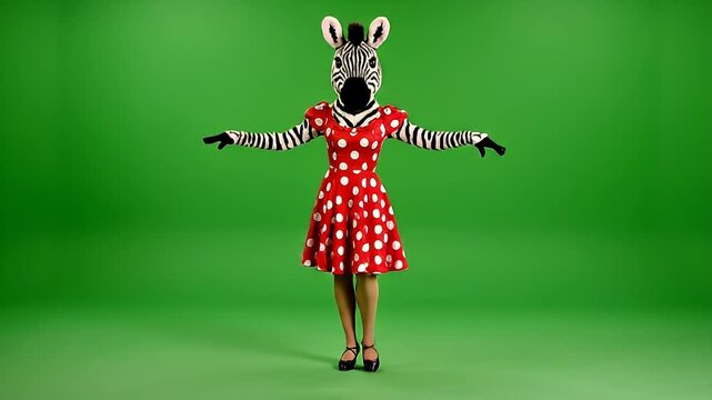 A person in a zebra head mask and red polka dot dress stands with arms outstretched on a green screen.