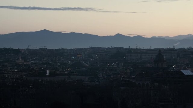Rome pre-dawn timelapse with Pantheon roof from Gianicolo hill, 4K