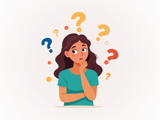 Young Woman Feeling Confused and Thoughtful with Question Mark Icons