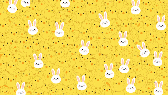Dense and cute pattern featuring many small yellow chicks with several white rabbits hidden among them on a yellow background.