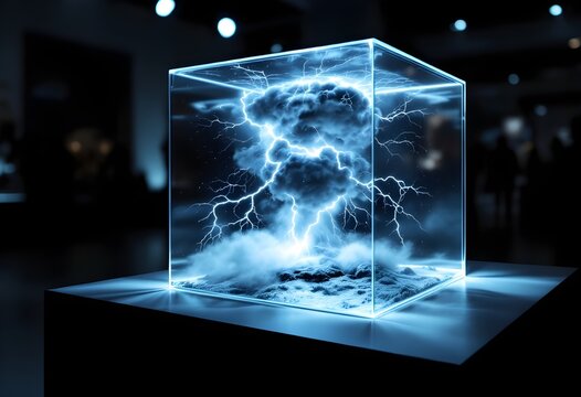 A glowing glass cube containing a miniature captured lightning storm with dark clouds and electrical discharges on a dark exhibition pedestal.