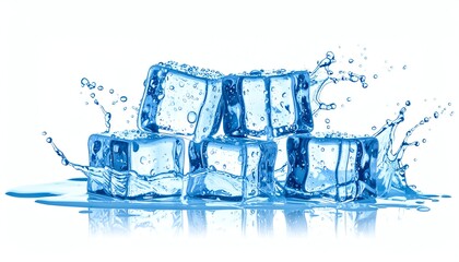 Fototapeta premium Splashing crystal clear ice cubes, fresh water, melting, realistic, cool transparent blocks, refreshing concept, summer, beverage, minimal, clean, pure, hydration.