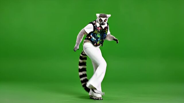 Person in a detailed lemur costume with a sequined vest and roller skates dancing on a vibrant green screen background.