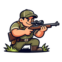 Fototapeta premium A burly hunter with a rifle. Dressed in hunting clothes. Cartoon mascot, illustration, clean lines, flat design, modern, high quality