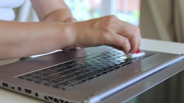Woman is cleaning her laptop keyboard with a cloth. She is using a red nail polish remover to clean the keyboard