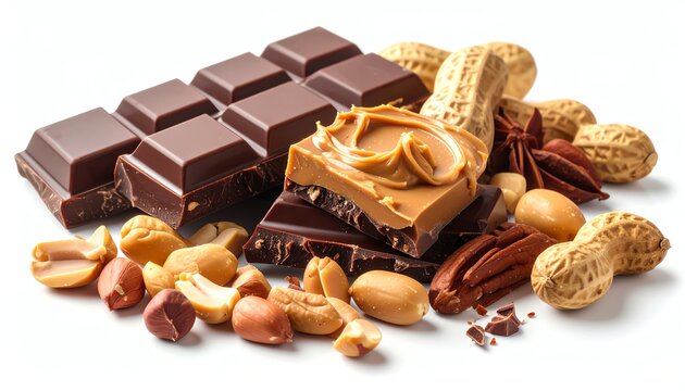 Chocolate peanut butter nut harmony creates delicious snack with creamy texture, crunchy peanuts, and rich dark chocolate, perfect for dessert, advertising, or product packaging.