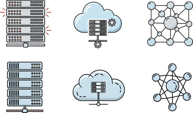 Cloud computing and networking infrastructure icons isolated on transparent background
