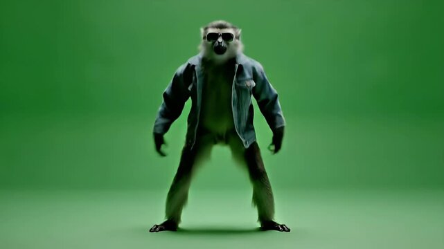 A cool monkey wearing sunglasses and a denim jacket stands on a green screen background, striking a pose.