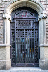 Ornate wrought iron gate door with decorative metal patterns set in stone archway showing symmetry strength and historic urban architecture character