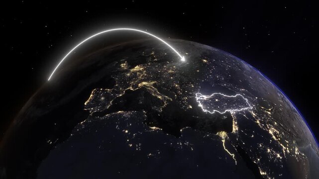 3D Earth Night Flight Path Arc from New York City United States to Istanbul Turkey
