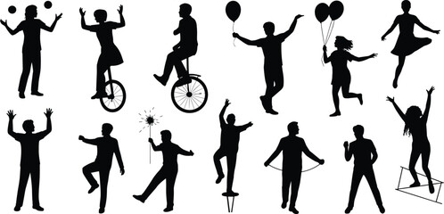 Happy people silhouettes set isolated on white background, men and women jumping, juggling, balancing, balloon activities, celebration lifestyle illustration collection © Candek