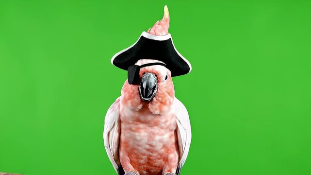 A pink cockatoo parrot wearing a pirate hat and eye patch against a green screen background, looking directly at the camera.