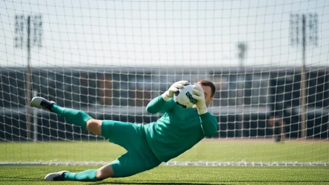 Dynamic soccer goalkeeper in a vibrant green uniform making a spectacular diving save on a sunny outdoor field during an intense and crucial moment of the game