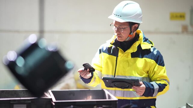 Worker wearing safety helmet holding tablet to inspect industrial equipment in factory