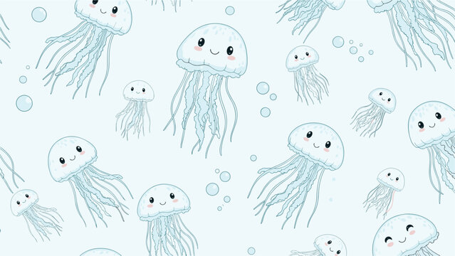 Cute seamless pattern featuring happy smiling jellyfish and small bubbles on a light blue underwater background.