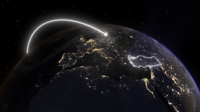 3D Earth Night Flight Path Arc from Houston United States to Istanbul Turkey