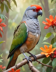 Fototapeta premium A vibrant parrot perched on a branch, surrounded by bright orange flowers and lush greenery