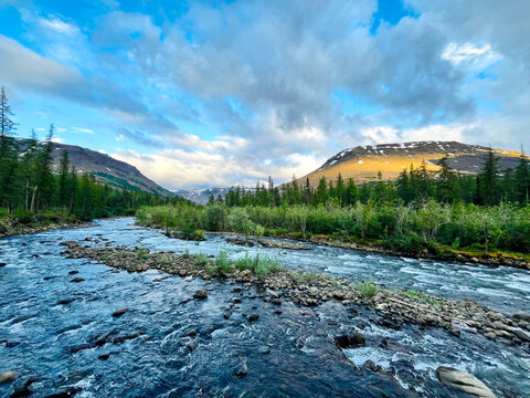 A raging mountain river on the Putorana Plateau in summer in the forest among the rocks
