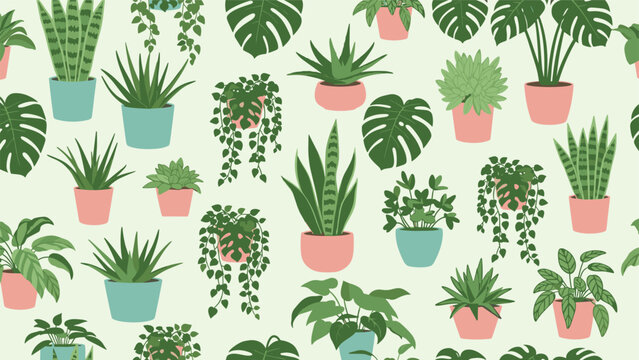 Seamless pattern showing various green houseplants in colorful terracotta and ceramic pots on a pale green background.