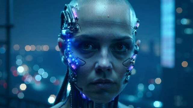 A young bald girl in a cyberpunk future, with a heavily modified face and body, looks directly into the camera in close-up. Cyber girl.
