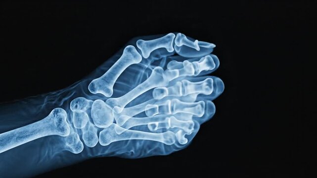 X-ray image of a human hand displaying skeletal structure and finger bones in detail from a lateral viewpoint