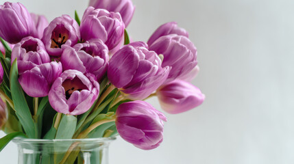 Obraz premium Fresh Purple Tulips in Glass Vase, Minimalist Style, Soft Lighting, Copy Space, High-Res, Clean Look.