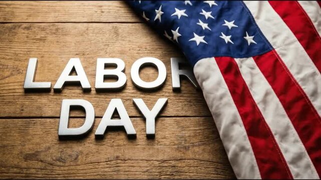 Labor Day holiday celebration concept with silver letters and American flag on rustic wooden background