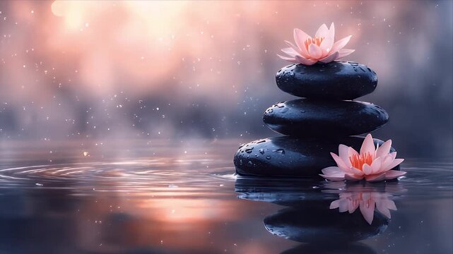 Zen stones with pink lotus flowers floating in calm water, soft pink glow and magical spa atmosphere, peaceful cinematic scene