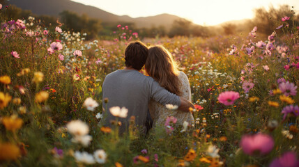 Fototapeta premium Romantic Young Couple Surrounded by Colorful Wildflowers at Sunset, Perfect for Valentine’s Day Celebrations