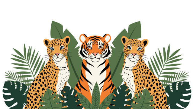 Majestic tiger and two spotted leopards sit peacefully among lush tropical green palm leaves and monstera foliage in a jungle scene.